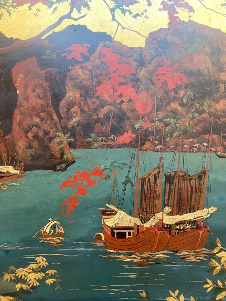 Vietnam - Sampans dans la baie - Panneau en bois laqué - Cachet et Vietnam - 60…