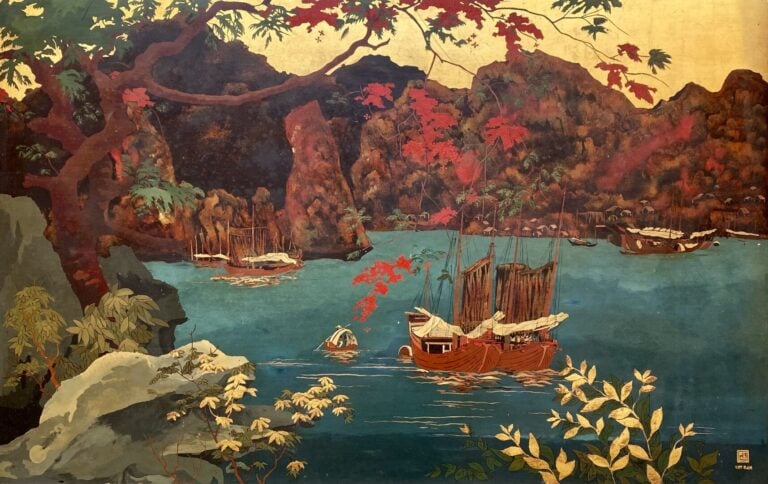 Vietnam - Sampans dans la baie - Panneau en bois laqué - Cachet et Vietnam - 60…