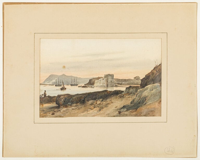 Vincent COURDOUAN (1810-1893) - Chateau au bord de de mer, 1834 (Toulon) - Aqua…