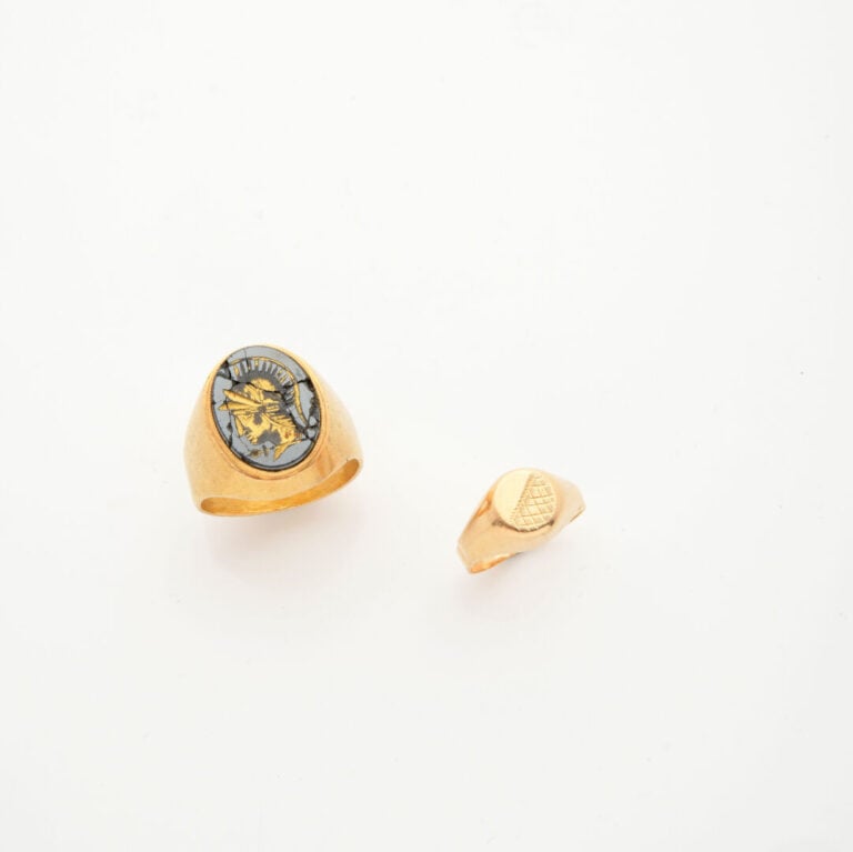 Bague chevalière en or jaune (750) ornée d'une tête de Minerve casquée sur fond…