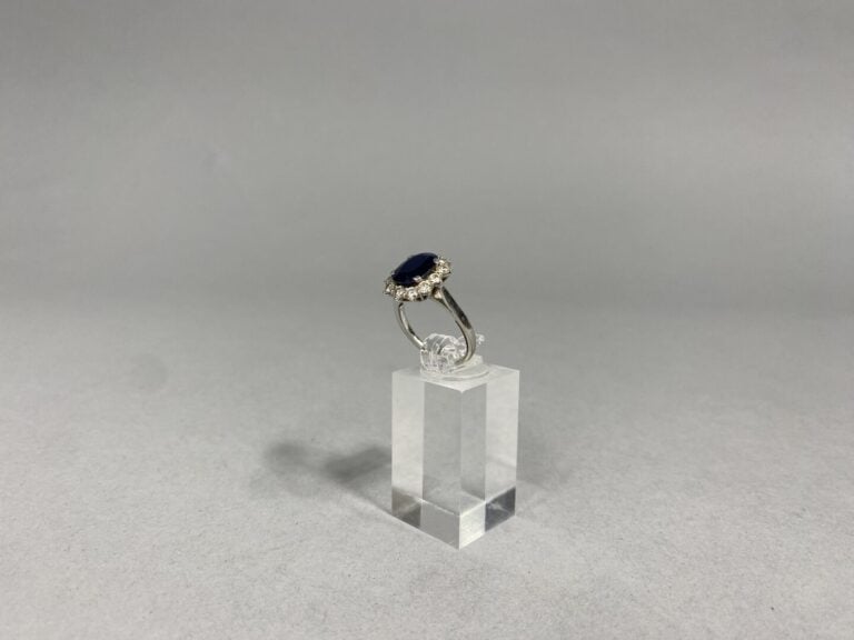 Bague marguerite en or gris (750) ornée d'un saphir foncé de taille ovale facet…