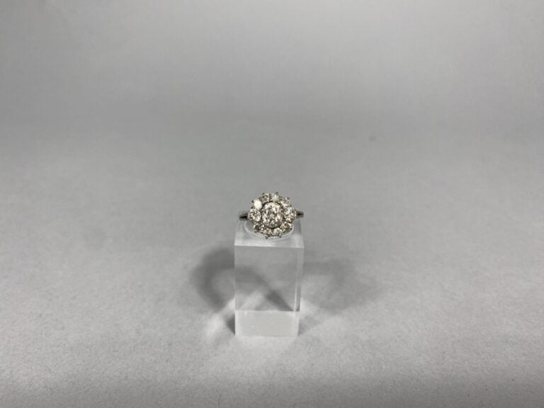 Bague marguerite en or gris (750) ornée de diamants taille ancienne et demi-tai…
