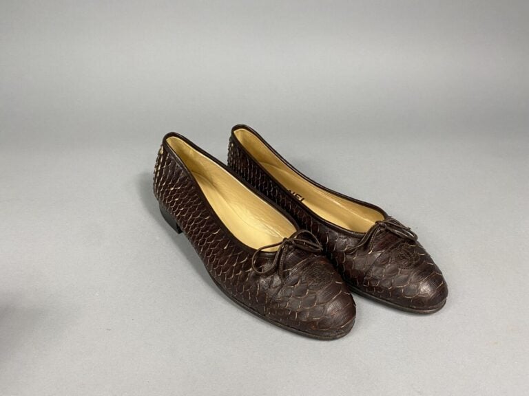 CHANEL - Paire de ballerines en cuir marron reptile, sigle de la maison sur le…