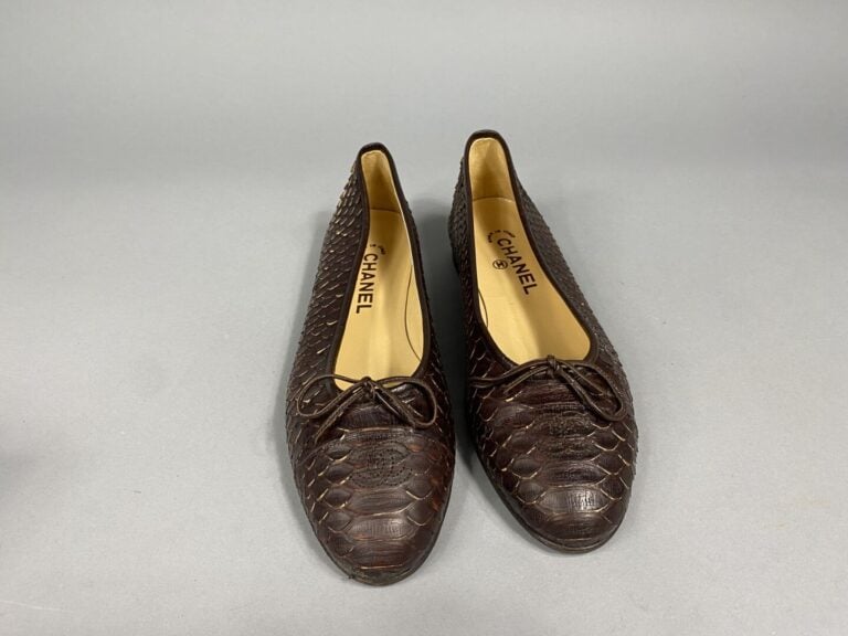 CHANEL - Paire de ballerines en cuir marron reptile, sigle de la maison sur le…