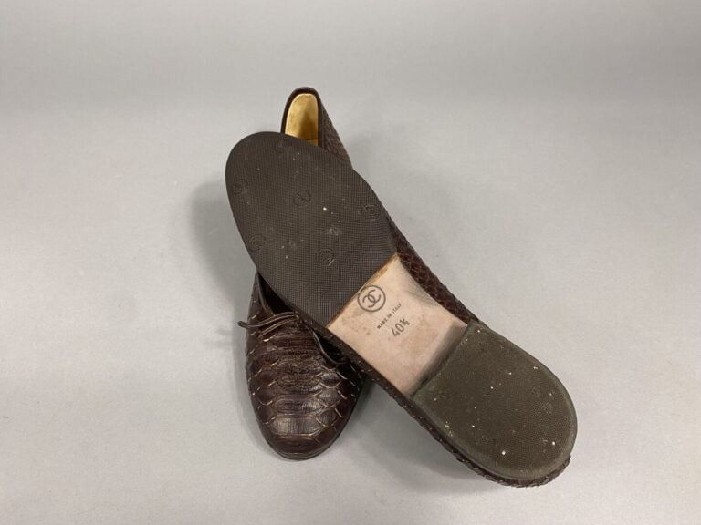 CHANEL - Paire de ballerines en cuir marron reptile, sigle de la maison sur le…