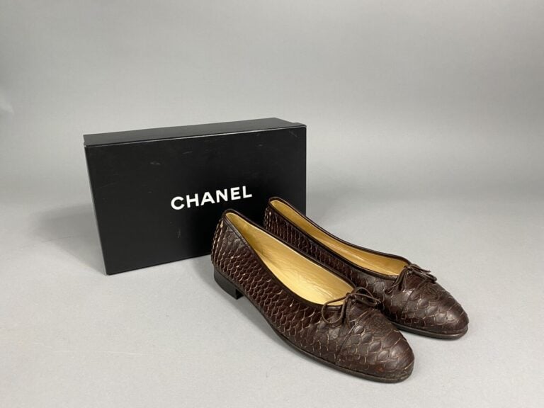 CHANEL - Paire de ballerines en cuir marron reptile, sigle de la maison sur le…