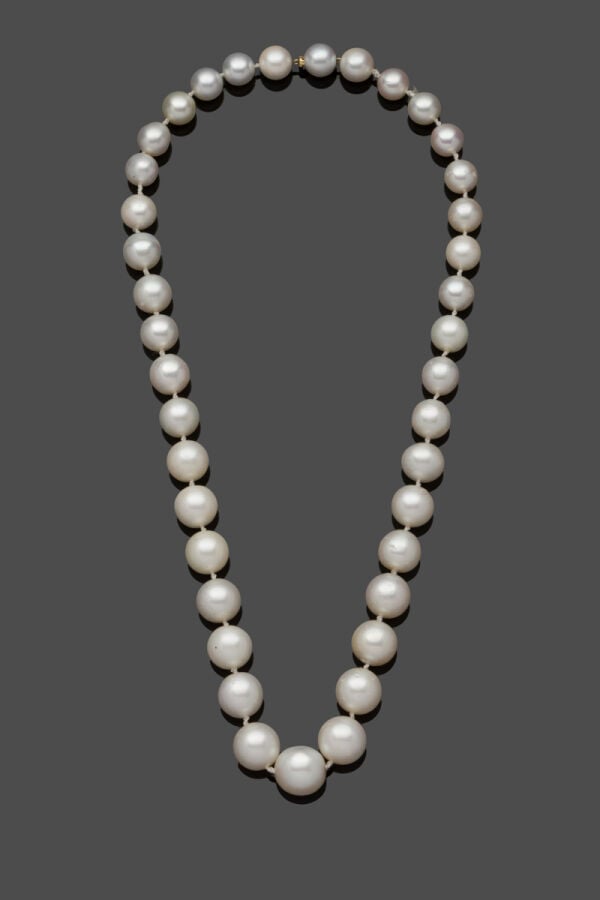 COLLIER composé d'un rang de perles de culture en chute, de couleur blanche. Fe…