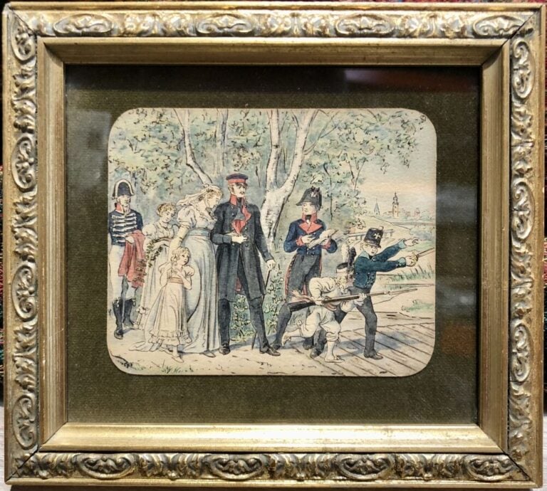 École du XIXème siècle - La mariée au bras du soldat. - Encre et aquarelle. - 8…