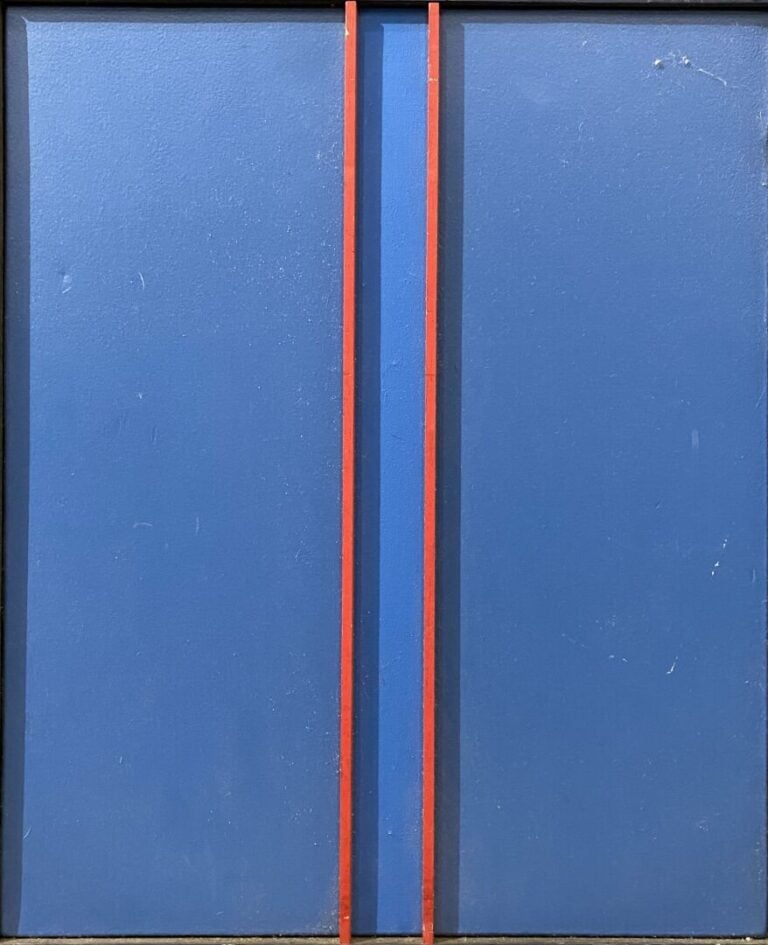 Claude BELLEUDY (1938) - Composition rouge sur fond bleu - Huile sur toile et c…
