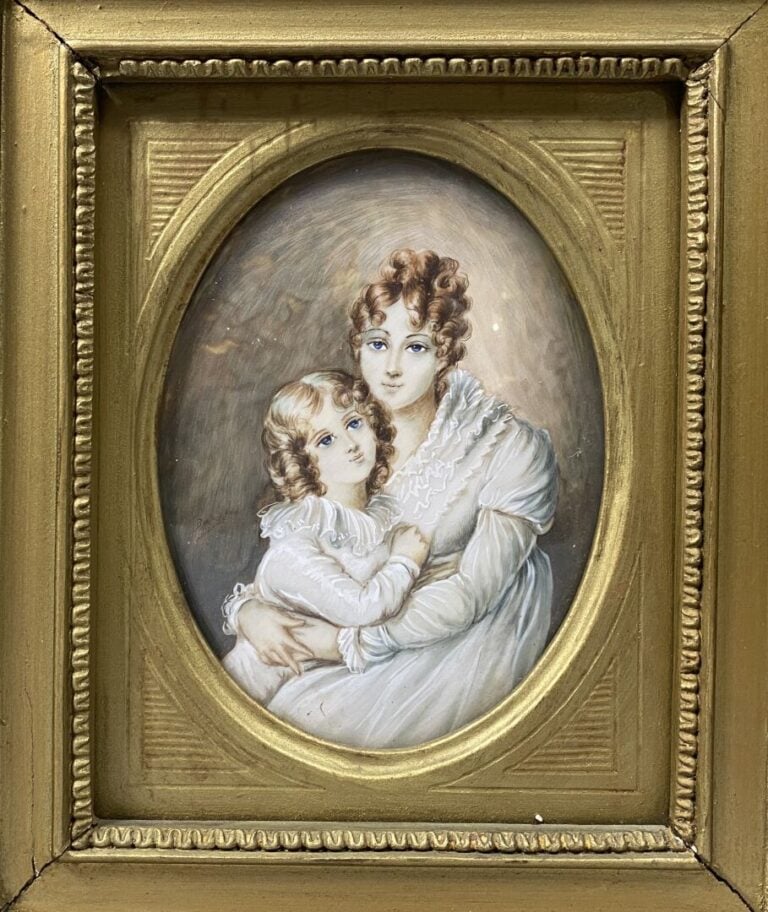 Ecole dans le goût du XVIIIe siècle - Miniature représentant deux jeunes femmes…