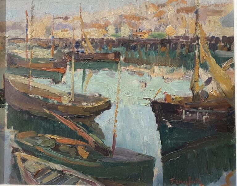 Ecole du XXe siècle - Bateaux à quai - Huile sur panneau - Porte une signature…