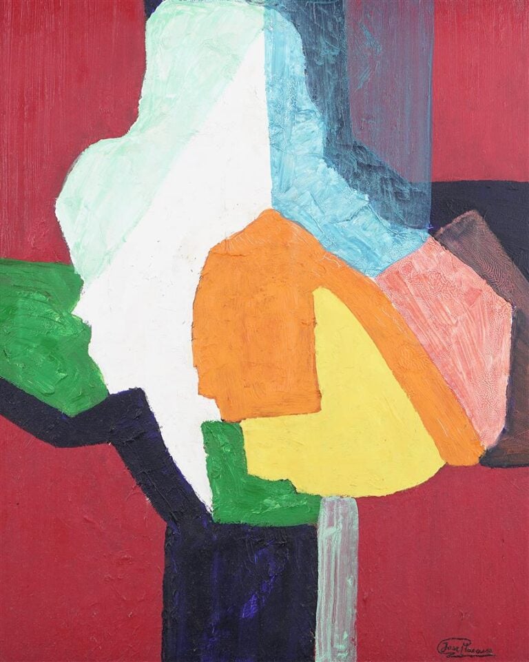Ecole du XXe siècle - Composition sur fond rouge - Huile sur toile - Porte une…