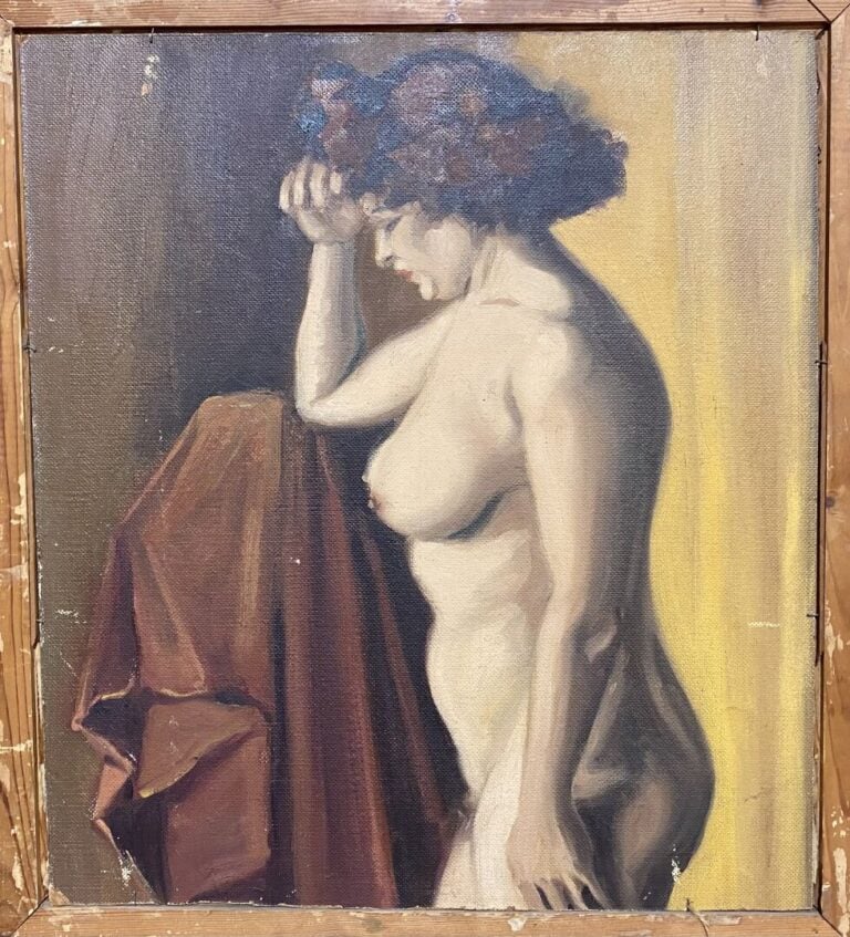 Ecole du XXe siècle - Jeune femme au foulard - Au dos étude de nue - Huile sur…