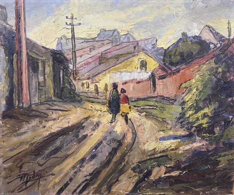 Ecole du XXe siècle - Personnages dans une ruelle - Huile sur isorel - Porte un…