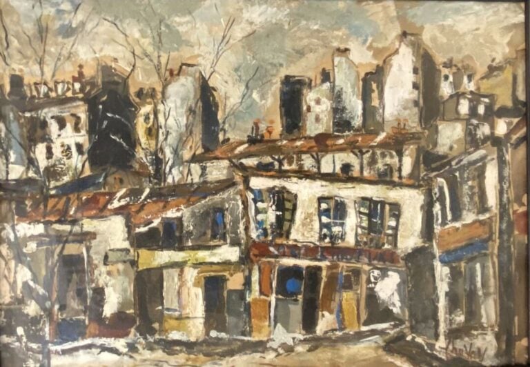Ecole du XXe siècle - Vue de village - Huile sur carton ? - Porte une signature…