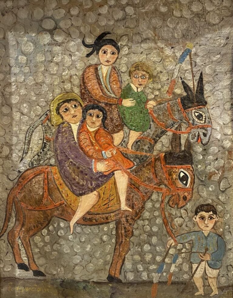 Émile CROCIANI (1902-1980) - Balade à dos d'ânes - Huile sur toile fixée sur ca…