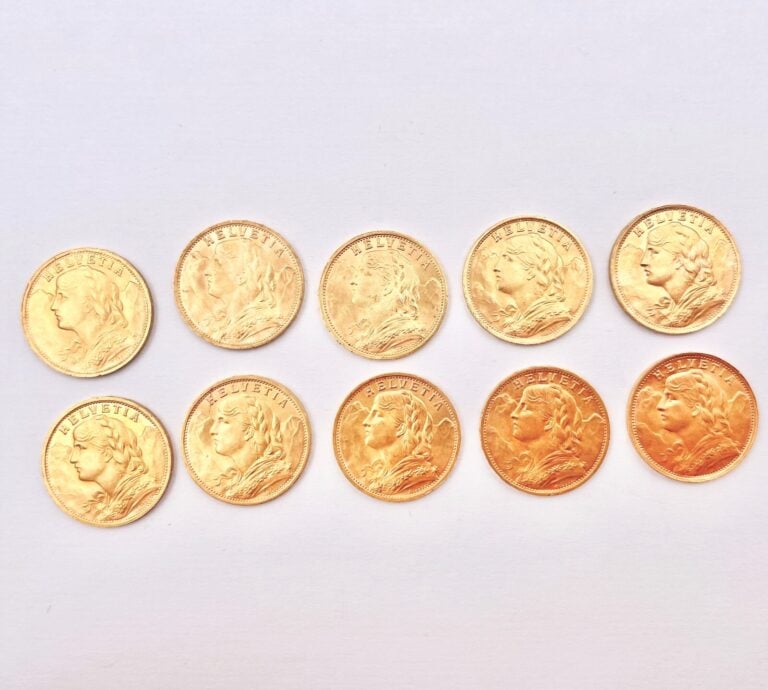 10 pièces de 20 Francs or suisse comprenant : - 9x1935 - 1x1947 - - Poids net:…