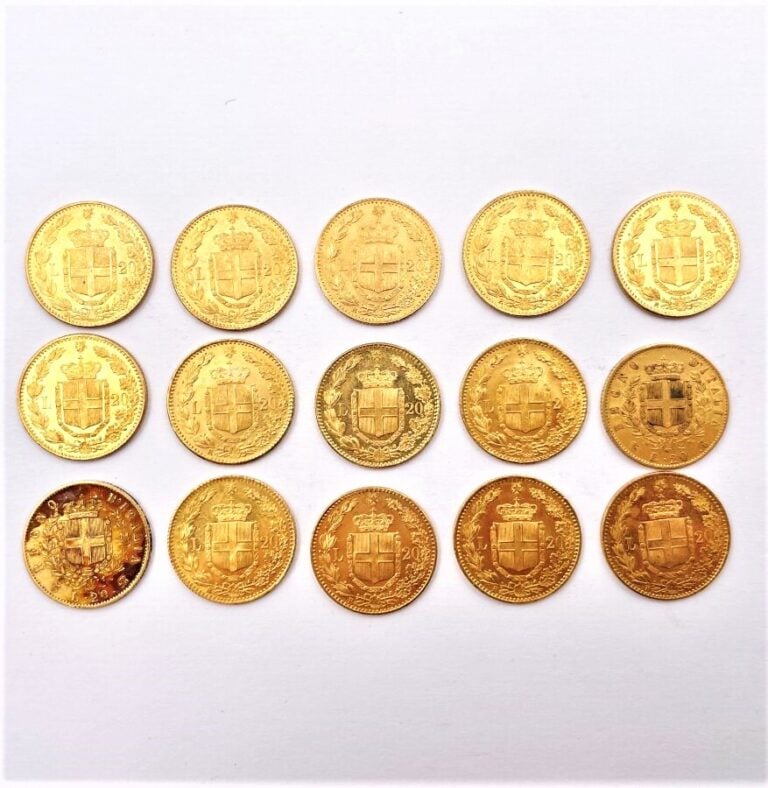 15 pièces de 20 lires or italienne comprenant : - - 2x Vittorio Emanuele II - -…