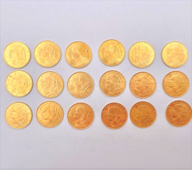 18 pièces de 10 Francs Suisse comprenant : - 18x1922 - - Poids Net : 58 grammes…