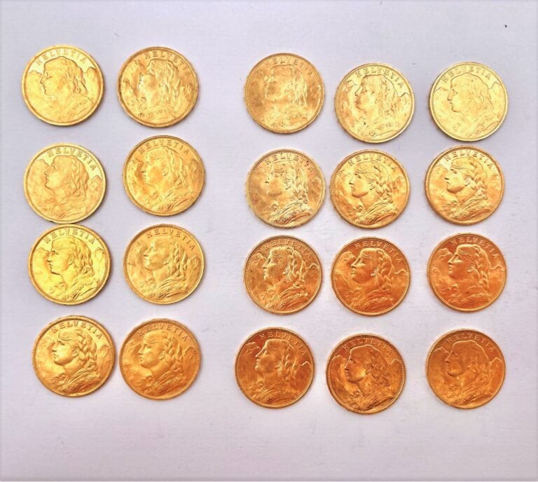 20 pièces de 20 Francs or Suisse comprenant : - -2x1907 - 1x1911 - 12x1914 - 1x…