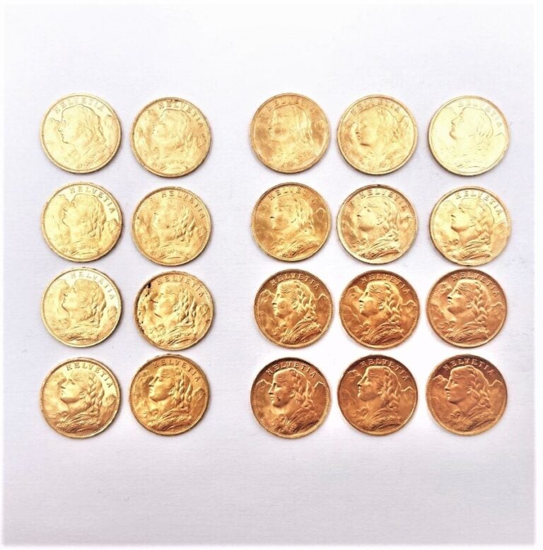 20 pièces de 20 Francs or suisse comprenant : - 3x1927 - 5x1930 - 12x1935 - - P…