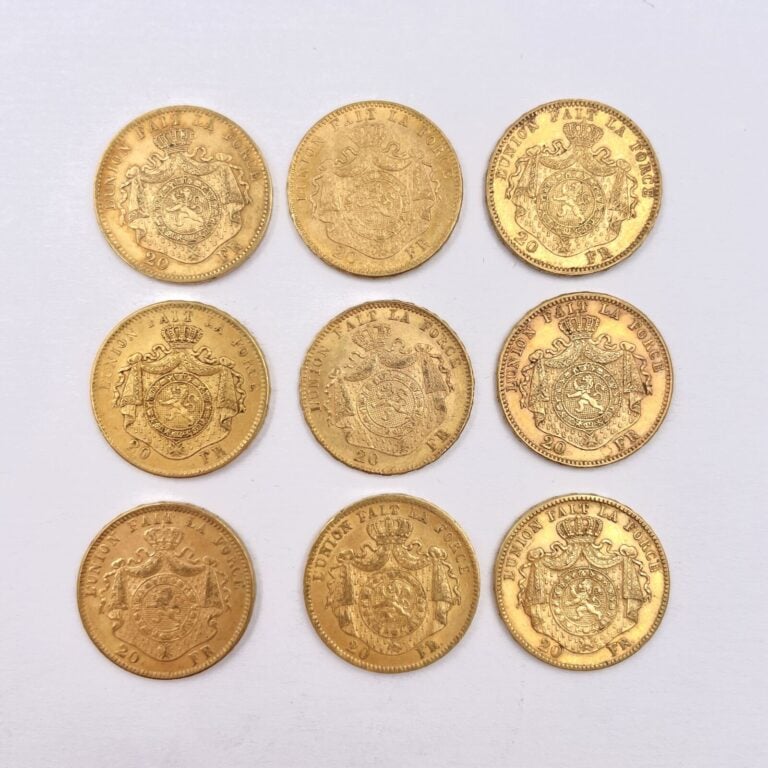 9 pièces de 20 Francs or Leopold II Roi des Belges comprenant : - 1x1869 - 1x18…