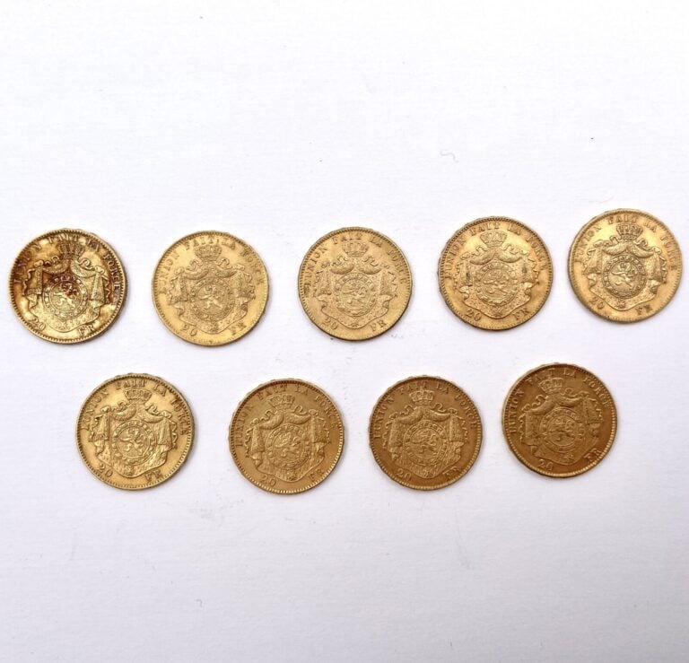 9 pièces de 20 Francs or Léopold II Roi des Belges comprenant : - 5x1874 - 2x18…