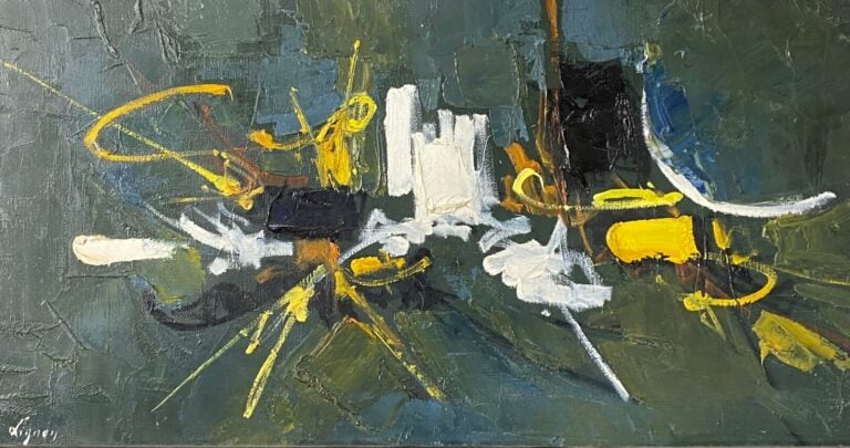 Bernard LIGNON - Composition blanche, verte et jaune - Huile sur toile, signée…