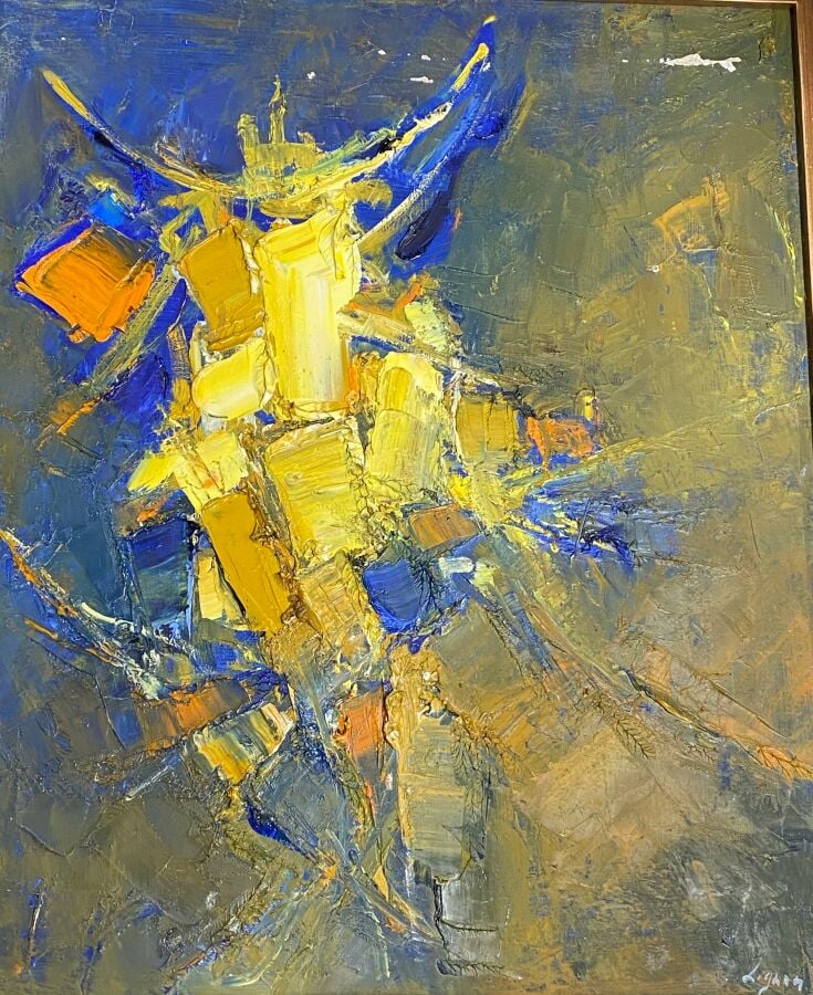 Bernard LIGNON - Composition jaune, bleue, orange - Huile sur toile - Signée en…