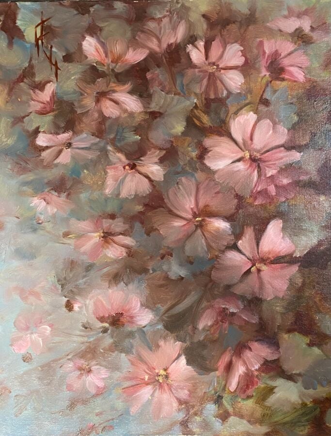 DUFOURMANTEL Nicole - Fleurs roses, - Huile sur toile, signée au dos et datée -…