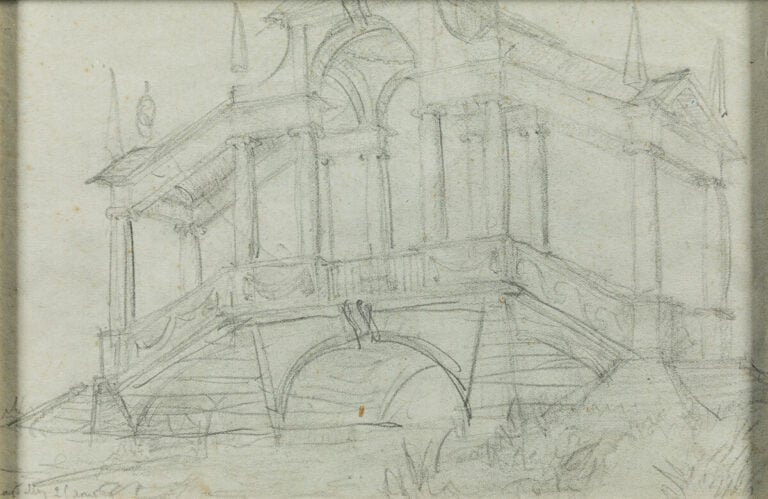 ECOLE XXème SIÈCLE - Pont couvert, Chantilly ? - Crayon sur papier , annotation…