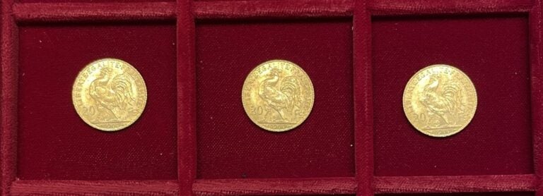 Ensemble de 3 pièces de 20 Francs or Marianne Coq au revers comprenant : - 3x19…