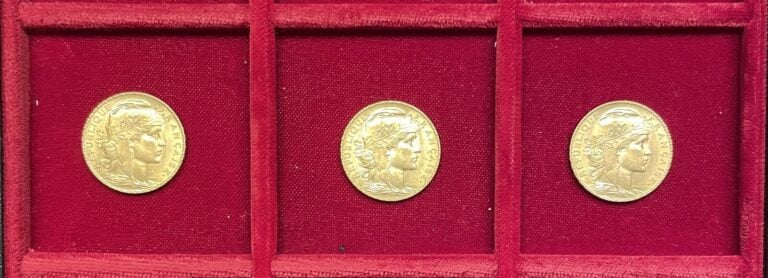 Ensemble de 3 pièces de 20 Francs or Marianne Coq au revers comprenant : - 3x19…
