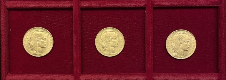 Ensemble de 3 pièces de 20 Francs or Marianne Coq au revers comprenant : - 3x19…