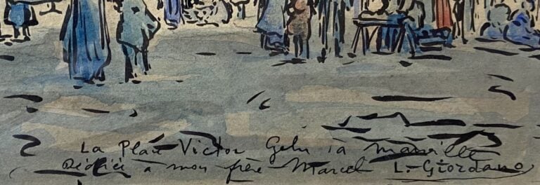 L. GIORDANO (XXe) - La place Victor Gélu à Marseille - Encre et aquarelle sur p…