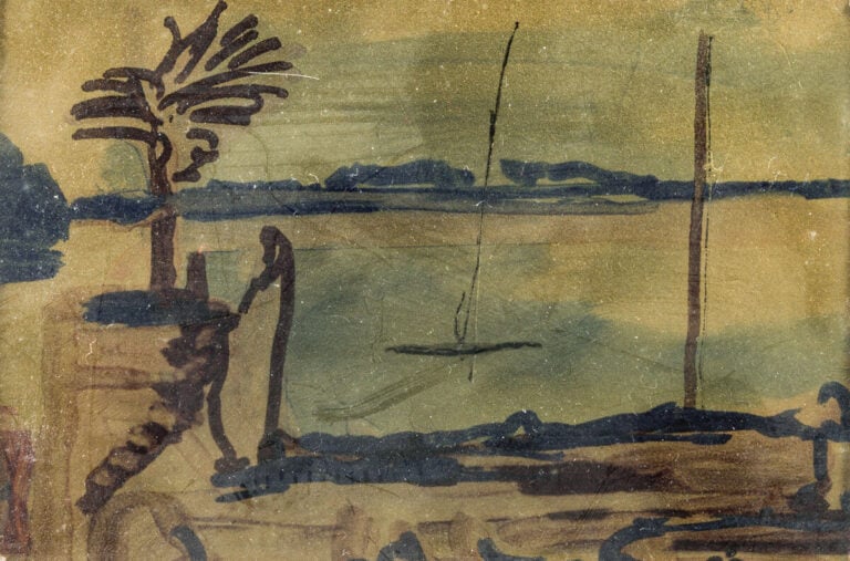 Marine au palmier - Petit tableau peint par la première épouse du roi Farouk -…