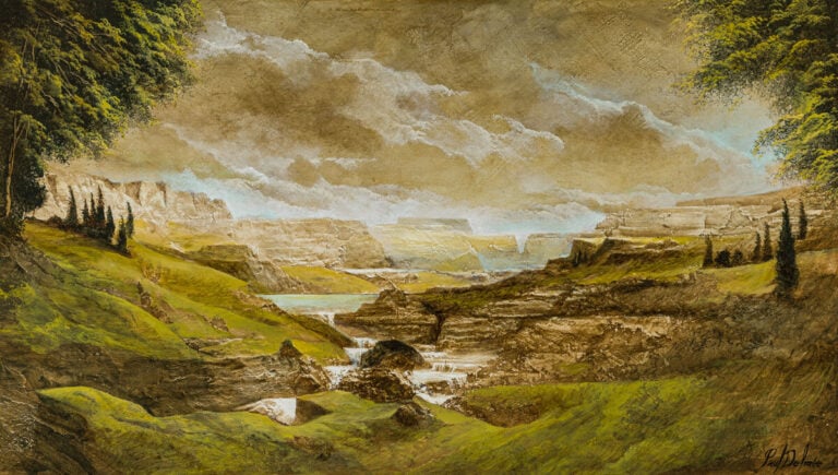 Paul DELMÉE (1944-) - Paysage de montagne - Peinture à la tempera sur carton, s…