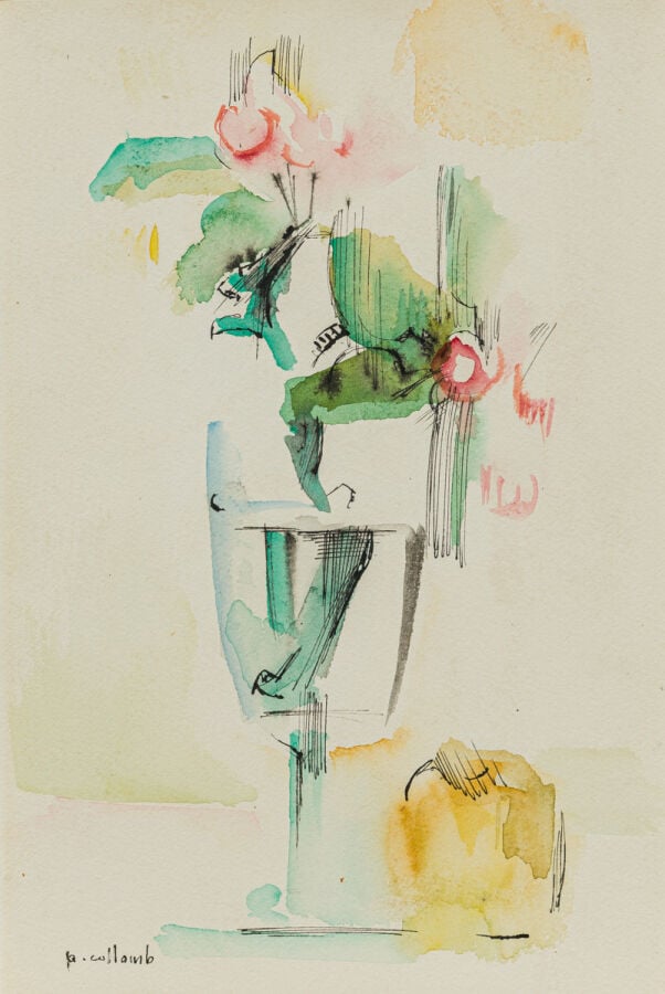 Pierre COLLOMB (1921-2010) - Bouquet de fleurs dans un verre - Aquarelle sur pa…