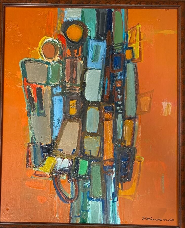 ZAVEN (1958) - composition sur fond orange - Huile sur carton, signée en bas à…
