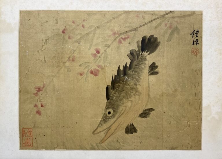 Chine - Encre et couleurs sur papier doré pour éventail, représentant un oiseau…