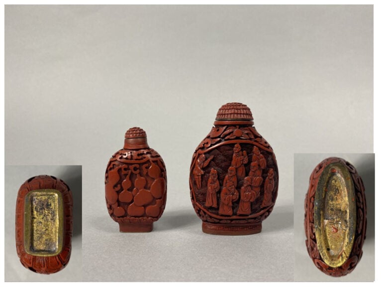 Chine - Grand flacon tabatière imitant la laque de cinabre à décor sculptée de…