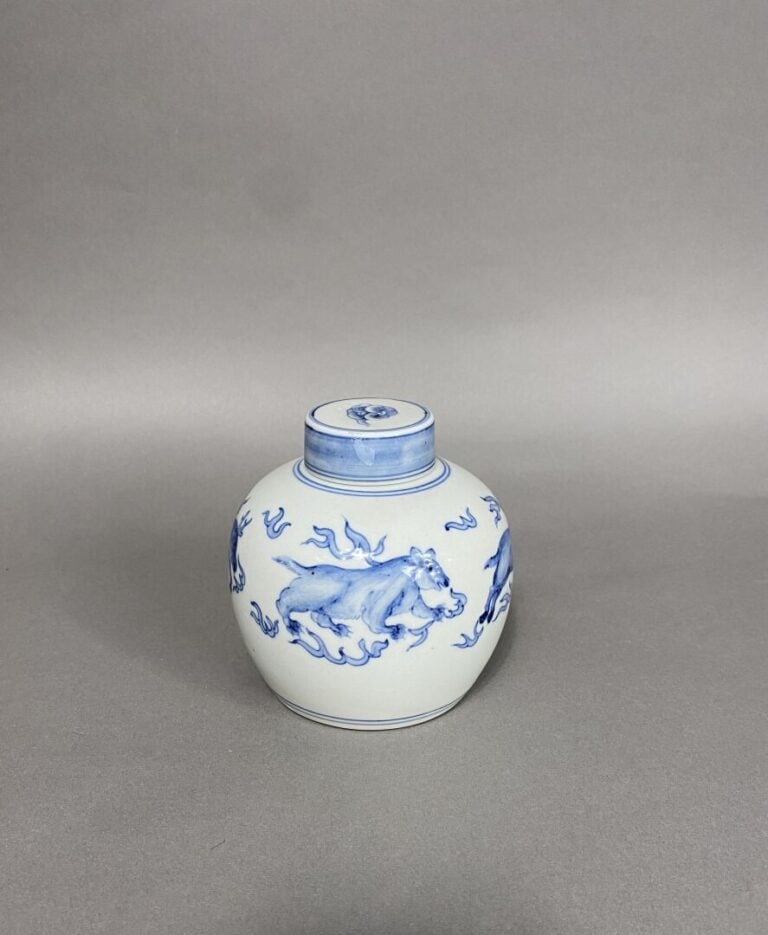 Chine - Pot à gingembre couvert en porcelaine émaillée à décor bleu blanc d'ani…