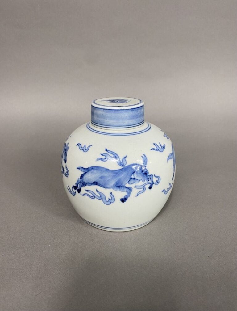 Chine - Pot à gingembre couvert en porcelaine émaillée à décor bleu blanc d'ani…