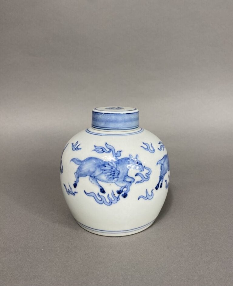 Chine - Pot à gingembre couvert en porcelaine émaillée à décor bleu blanc d'ani…