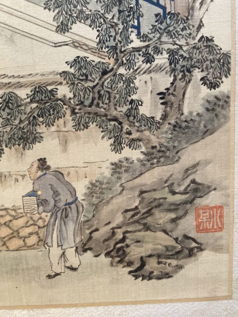 Chine - Scène animée dans un palais - Peinture sur tissu - Porte un cachet - 32…