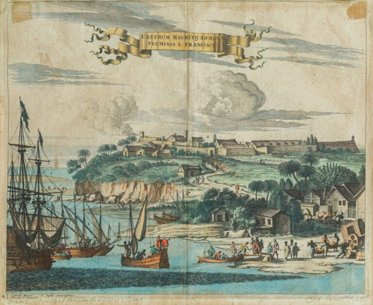 Deux GRAVURES en couleurs » Alagoa ad nostrum », Castrum Mauritij ad Ripani (Br…