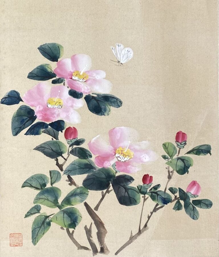 Ecole chinoise - Fleurs et papillons - Ensemble de deux peintures sur tissu - C…