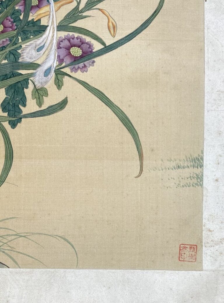 Ecole chinoise - Oiseaux branchés - Ensemble de trois encres et gouaches sur ti…