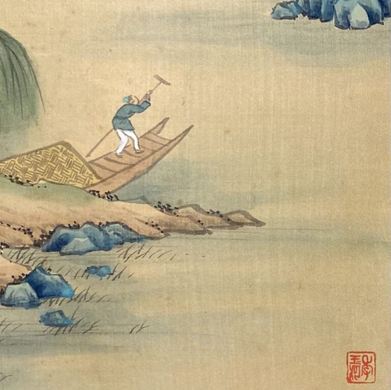 Ecole chinoise - Pêcheurs et villageois dans un paysage rocheux - Deux peinture…