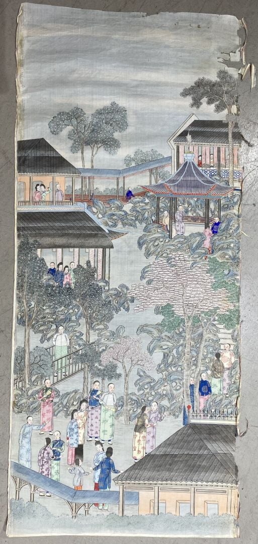Ecole chinoise - Scène animée dans la cour d'un palais - Peinture verticale à l…